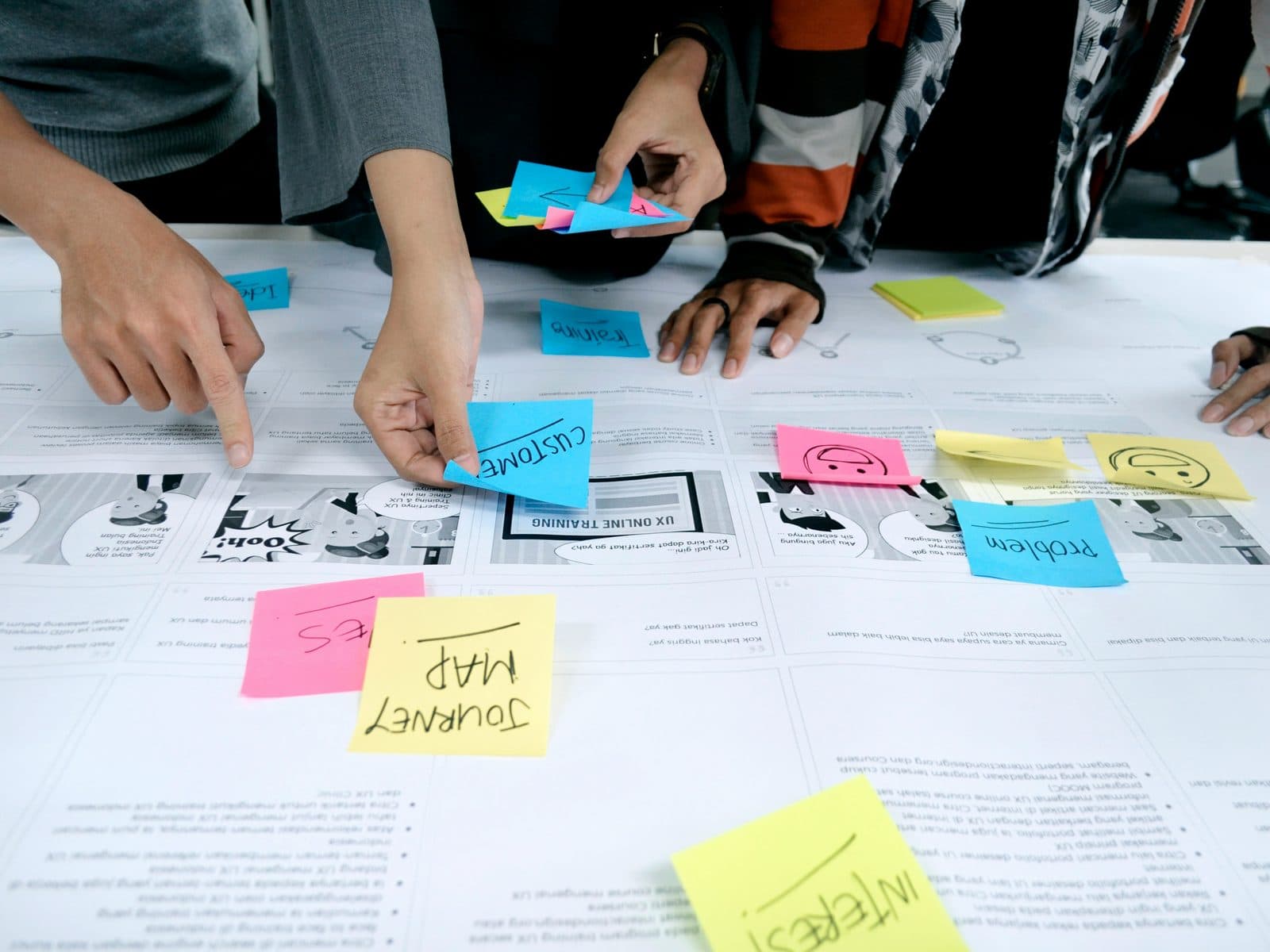 Several people working together over a large planning sheet covered in sticky notes