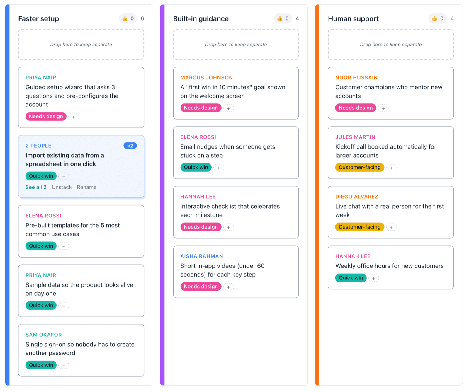 A WeEngage brainstorm board with participants' ideas grouped into three themes: faster setup, built-in guidance, and human support