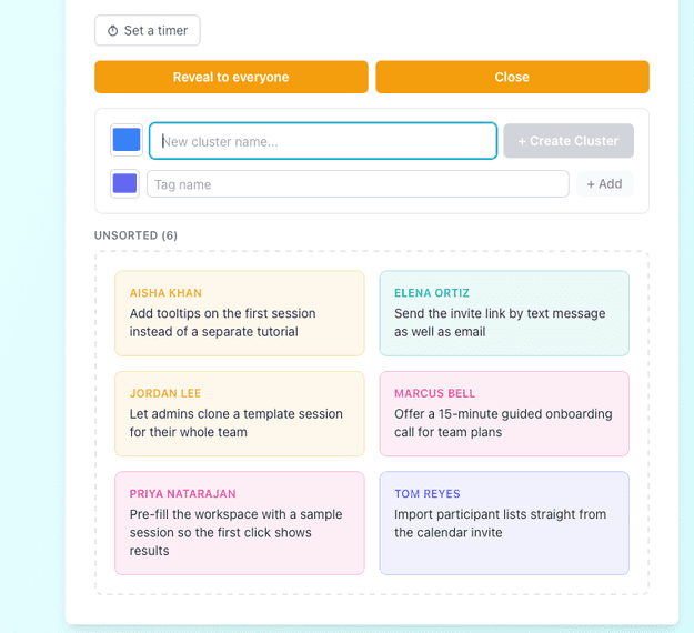 The WeEngage app inside a Zoom meeting, clustering brainstorm ideas from six participants